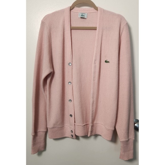 Vtg Izod Lacoste Cardigan Sweater Men's Pink Sm Orlon Acrylic Alligator V-Neck